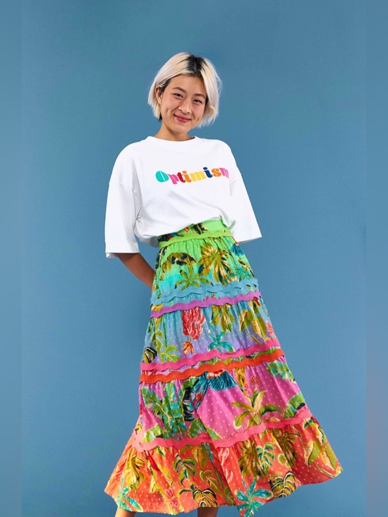 FARM Rio Dresses & Skirts - FARM Rio Ombré Forest Colorblock Tiered Midi Skirt - Green Pink Blue Size XL